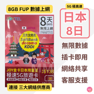 Joytel日本【8日8GB FUP】全網通金卡 5G極高速無限數據卡 上網卡 電話卡 旅行電話咭 Data Sim咭