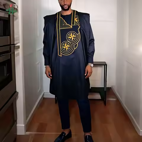 H&D African Clothing For Man Traditional Agbada Sets 2PCS Black Bazin Riche Shirt Pant Embroidery We