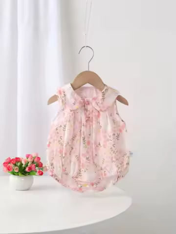 2026 Summer Baby Girls Rabbit Bodysuits Floral Print Cotton Sleeveless One Pieces Newborn Peter Pan 