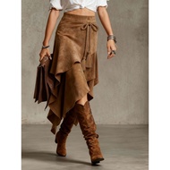 Women's High Waisted Western Cowgirl Skirt Suede Asymmetrical Vintage Elegant Flowy Boho Midi Skirt