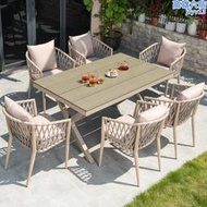 北歐戶外庭院桌椅鋁合金塑木桌子露天陽臺室外花園簡約休閒桌藤椅