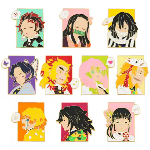 Cartoon Demon Slayer Enamel Pin Set Rengoku Kyojuro & Douma Brooch Badge Anime Cosplay Gift for Fans