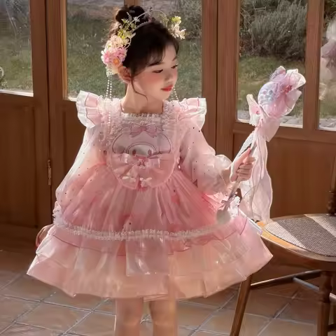 Anime My Melody Girls Lolita Princess Dress Sweet Ruffled Tutu Skirt Lace Layered Dress Kuromi Bow P