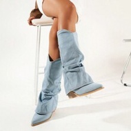 Fall/Winter 2025 Western Style Pointed Toe Stacked Heel Tall Shaft Boots For Women, Retro Leg Boots,