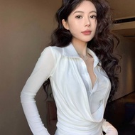 Women's Fake White V-Neck Swing Collar Shirt - Perfect for Spring & Autumn