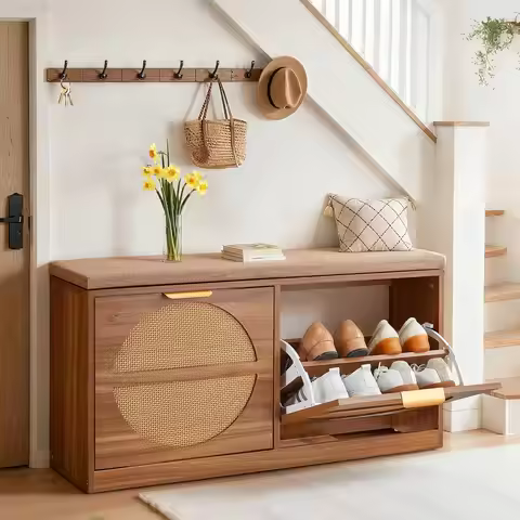 Rattan Entryway Bench with Coat Rack & Padded Cushion, Holds 440 lbs, 38.9' x 9.4' x 19.7', for Hall