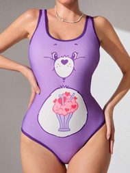 SHEIN X Care Bears 女性可愛卡通熊圖案單片泳衣