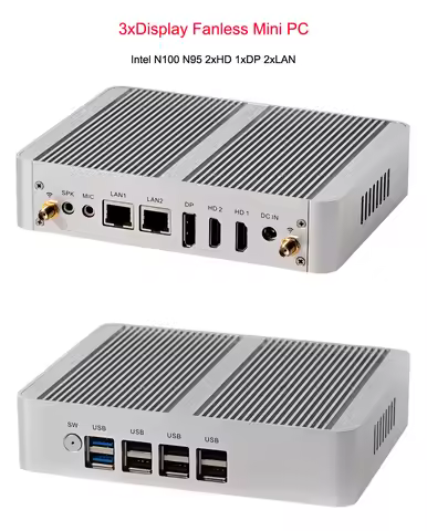 N100 N95 Intel Alder Lake-N Quad Core Fanless Mini PC 3xDisplay 2xHD 1XDP 2xLAN Windows 11 Desktop O
