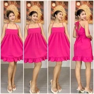 TRENDY BRIGHT FYANG DOLL RIBBON MINI RUFFLE DRESS PLAIN SELF TIE BARK CREPE FABRIC FREESIZE