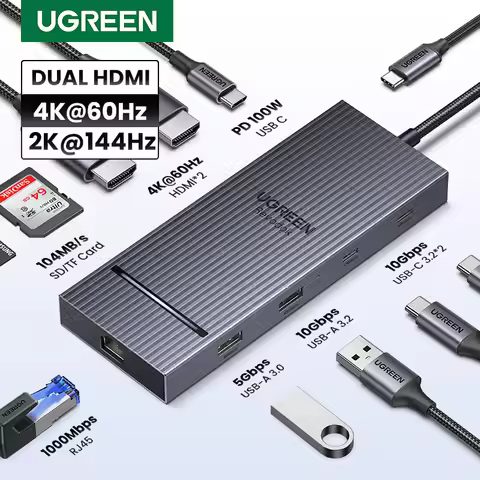 UGREEN USB C HUB Dual Monitor Extend 4K60Hz HDMI 10Gbps PD100W RJ45 SD TF Splitter for Windows Lapto