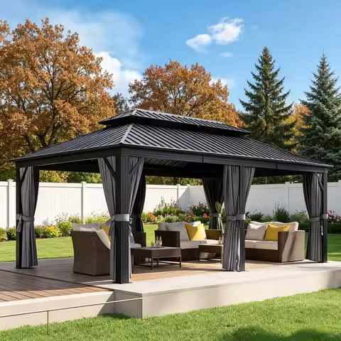 12x10ft 20x12ft Hardtop Gazebo Double Roof Metal Pergola Canopy Shelter with Mosquito Netting Curtai