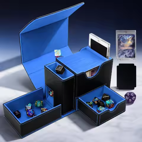 Card Deck Box with Dice Tower & Drawers PU Leather Multifunctional Card Storage Holder for TCG MTG P