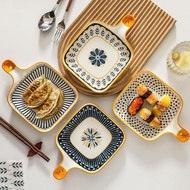 ASHOME Piring Keramik Gagang Motif BLUE FLOWER SERIES Tahan Panas & Mircrowave Safe / Piring Saji Ke