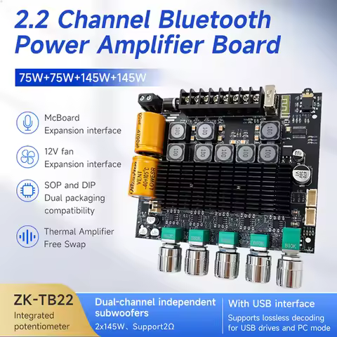 ZK-TB22 2.2 Channel Bluetooth Audio Amplifier Board 75W+75W+145W+145W with Dual Bass USB Decoder for