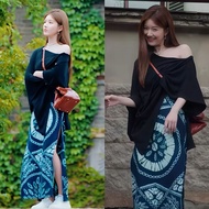 Xu Me Dazzling Black One Shoulder Slit T-Shirt & Ethnic Style Skirt Set