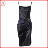 fulaide Dress Mid-length Slit Design Solid Color Women Suspender Dress for Summer Dress Mid-length W