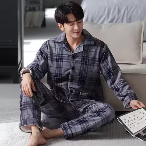 Plus Size M-4XL Men Pajamas Set Winter Thick Warm Flannel Pyjama Male Plaid Sleepwear Casual Pyjama