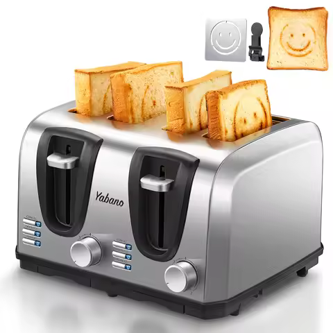 Yabano 4 Slice Toaster, Toaster with Extra Wide Slot and 7-Shade Settings, Defrost and Reheat Functi
