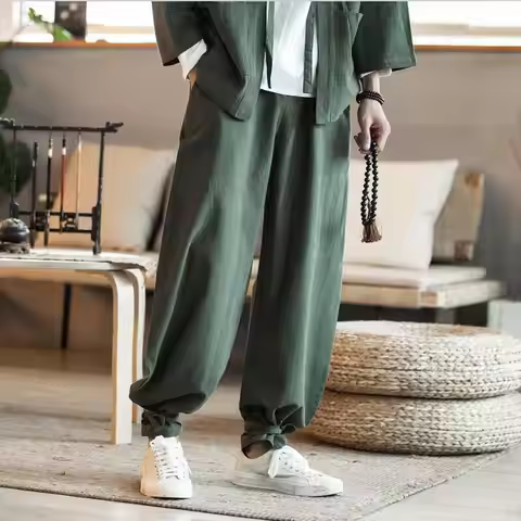 2026 Summer Autumn Men Long Pants Japan Style Cotton Linen Loose Wide Leg Pants Drawstring On Bottom