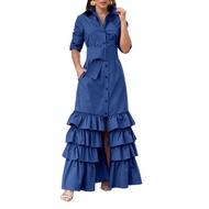 Dress Retro 60an 70an 80an Tema Pop Yeh Yeh Saloma Women Solid Color Long Sleeve Lapel Button Down R