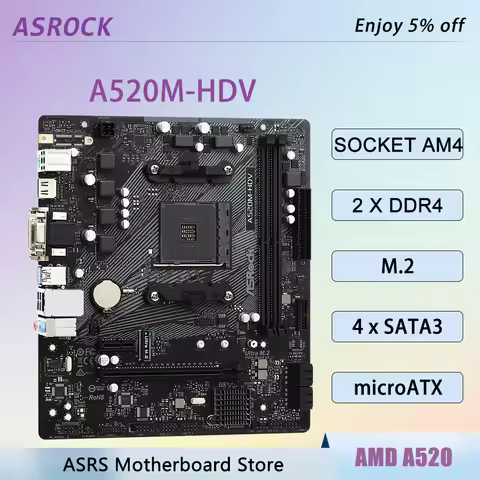 AMD A520 Motherboard ASRock A520M-HDV Support AM4 CPU Ryzen 5 5600X 4500 3 4300G 9 3600XT DDR4 4733+