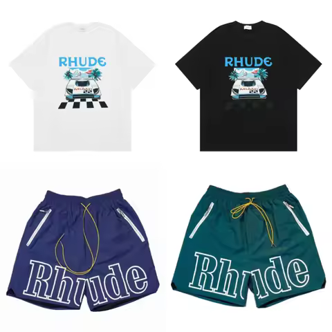 Latest Style RHUDE Men's Casual Shorts Hip Hop Elastic Waist Drawstring Zip Pocket Summer Street Lei