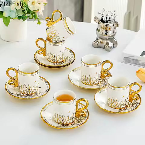6-piece Set of Espresso Cups Tea Set Retro Afternoon Tea Coffee Cup Saucer Sets Couple Cup Set Home