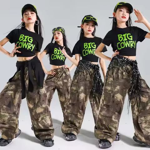 Jazz Dance Performance Outfit Girls Street Dance Suit Children Black Crop Top Camouflage Trousers Da