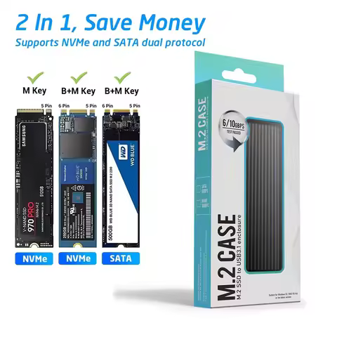 M2 SSD Case M.2 NVMe SATA SSD Enclosure 10Gbps USB3.1 Dual Protocol External Adapter for 2TB SSD Box