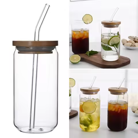470ml/550ml Glass Cup with Bamboo Lid and Straw Bubble Tea Cup Glasses Cups Transparent Beer Can Cof