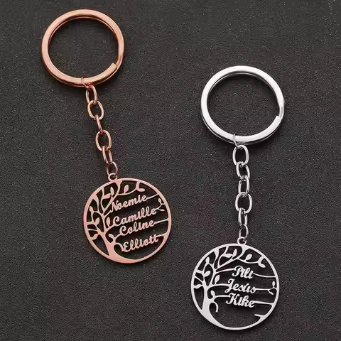 Customized Family 1-4 Name Tree of Life Keychain Personalized Stainless Steel Round Tree Jewelry Gif