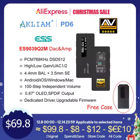 (Andy 5-Star) AkLIAM PD6 ES9039Q2M USB DAC OLED Display Hifi Portable Dac & Amp 3.5mm 4.4mm Headphon