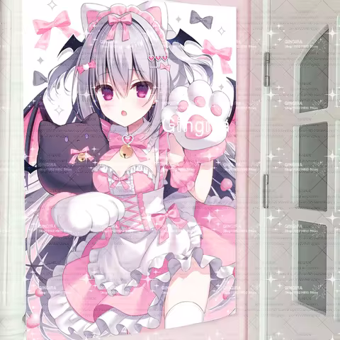 Pink Cat-Themed Plushie 2D Galgame Ears Indoor Tapestry for Decoration Interior Decor for Lolita Gir