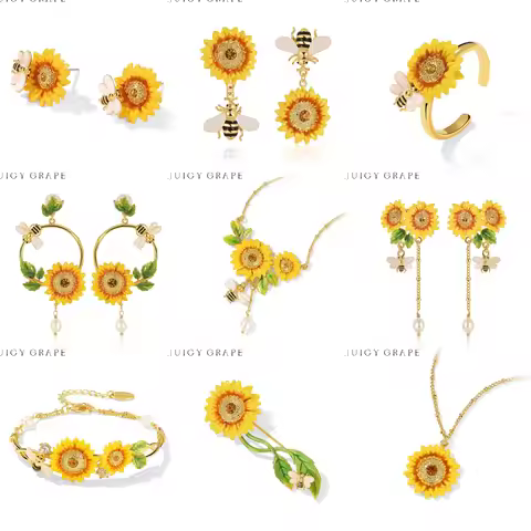 Juicy Grape Sunflower Enamel Jewelry Collection 18K Gold Plating Hand-Painted Enamel Wedding Party E