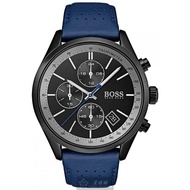 BOSS伯斯手錶 HB1513563 44mm黑圓形精鋼錶殼，鐵灰三眼錶面，寶藍真皮皮革錶帶款，閃亮度冠絕全場! _廠商直送