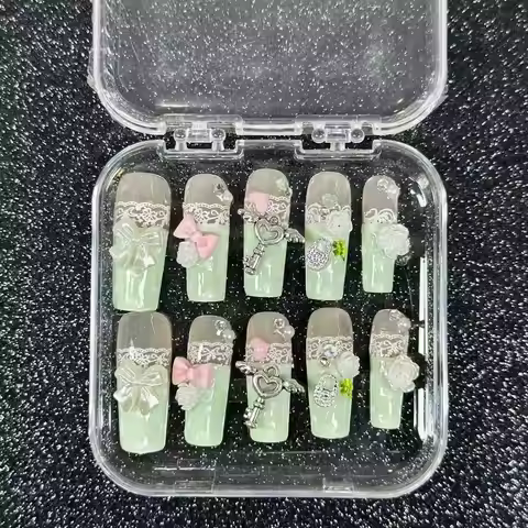 Y2K Retro Gyaru Green French Lace Handmade Press On Nails Bow Pearl Polka Dot Clover Fake Nails Cute