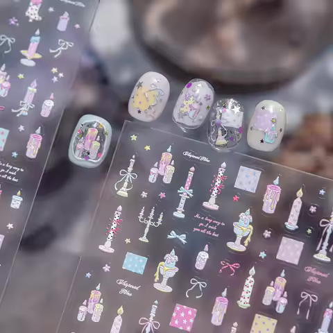 5D Relief Kawaii Birthday Candle Nail Sticker Cute Bow Star Flower Pattern Decoration Stickers For S