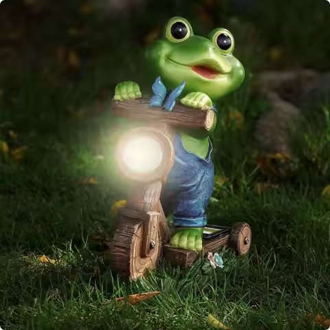 Frog on Bike Figurine LED Lights Solar Frog Statue Yard Ornament Automatic Dusk to Dawn Outdoor Deco