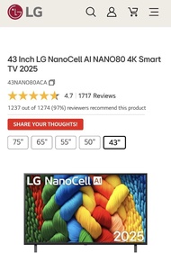 全新行貨 43吋 LG Nano80 4K AI 電視