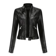 Women's Short Jacket Spring Autumn Stand Collar Thin Faux Leather Jacket D02