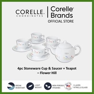 CORELLE Coordinates 4pc Stoneware Cup & Saucer + Teapot – Flower Hill