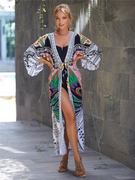 2023 Bohemian Swimsuit Cover Up Retro Stripe Self Belted Women Summer Clothes Long Kimono Dress Beac