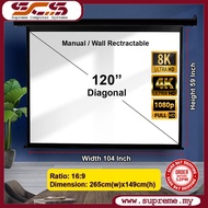 120" 16:9 Manual & Wall Retractable Ceiling Mount Projector Screen (104 Inch x 59 Inch)