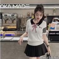 Women's outfit set for going out, short-sleeved shirt set with bow collar and pleated skirt 918(Z2) 