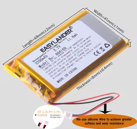 Silicone Wires JST1.25 2P 804169 Lithium Li Polymer Battery 804066 3.7V 3000mAh For Open source cons