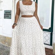 Plus Size 2 Pieces Set: Slip Top And Long Midi Skirt 4th Of July Clothes Summer Summer Outfits For W