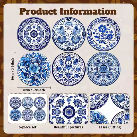 6Pcs Delft Style Floral Wood Coaster Set, Heat-Resistant Non-slip Wooden Table Mats