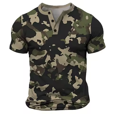 Summer Henley Shirts Camouflage 3D Printed Streetwear Men's Fashion Button-Down Short Sleeve T Shirt