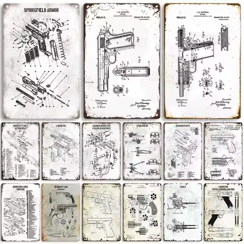 Gun Patent Metal Plaque AR-15 Blueprint Lee-Enfield Rifle Springfield Armory Pistol Heavy Machine Gu