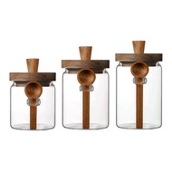 Sealed Glass Container Clear Surface Storage Jar Transparent Glass Canister with Wooden Spoon for Ki